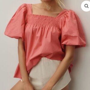 Maeve By Anthropologie Pink  Puff-Sleeve Smocked‎ Blouse